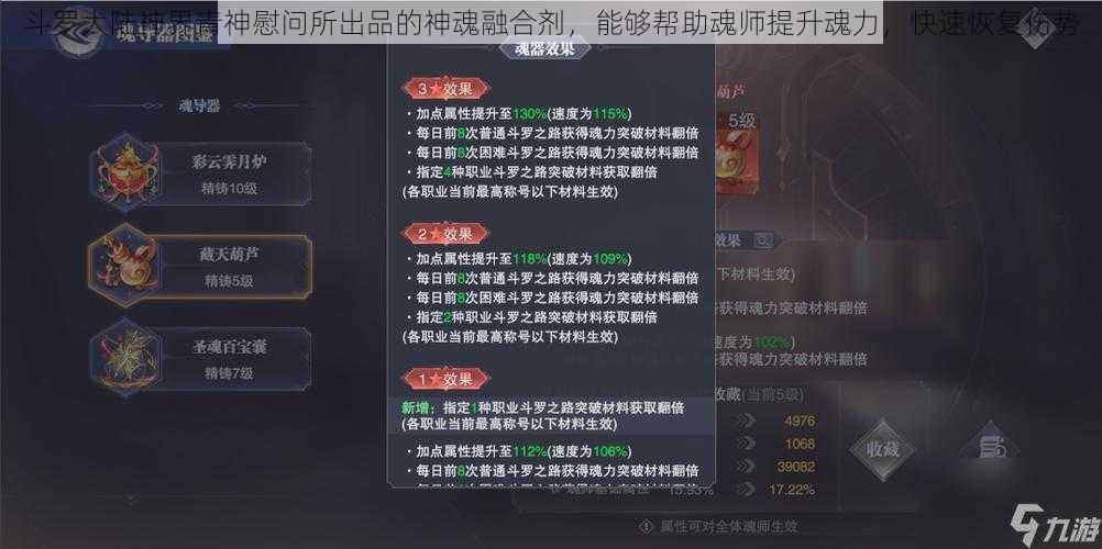 斗罗大陆神界青神慰问所出品的神魂融合剂，能够帮助魂师提升魂力，快速恢复伤势