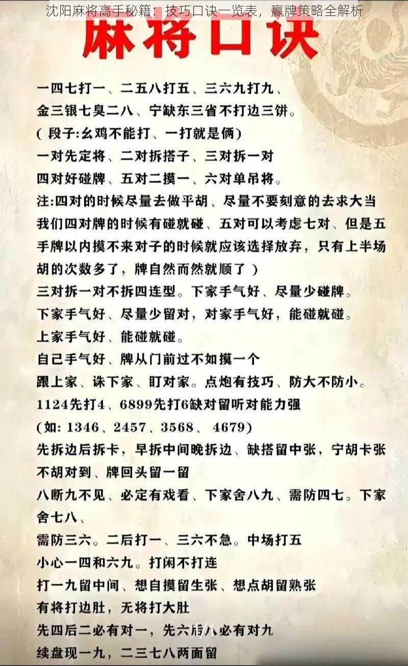 沈阳麻将高手秘籍：技巧口诀一览表，赢牌策略全解析