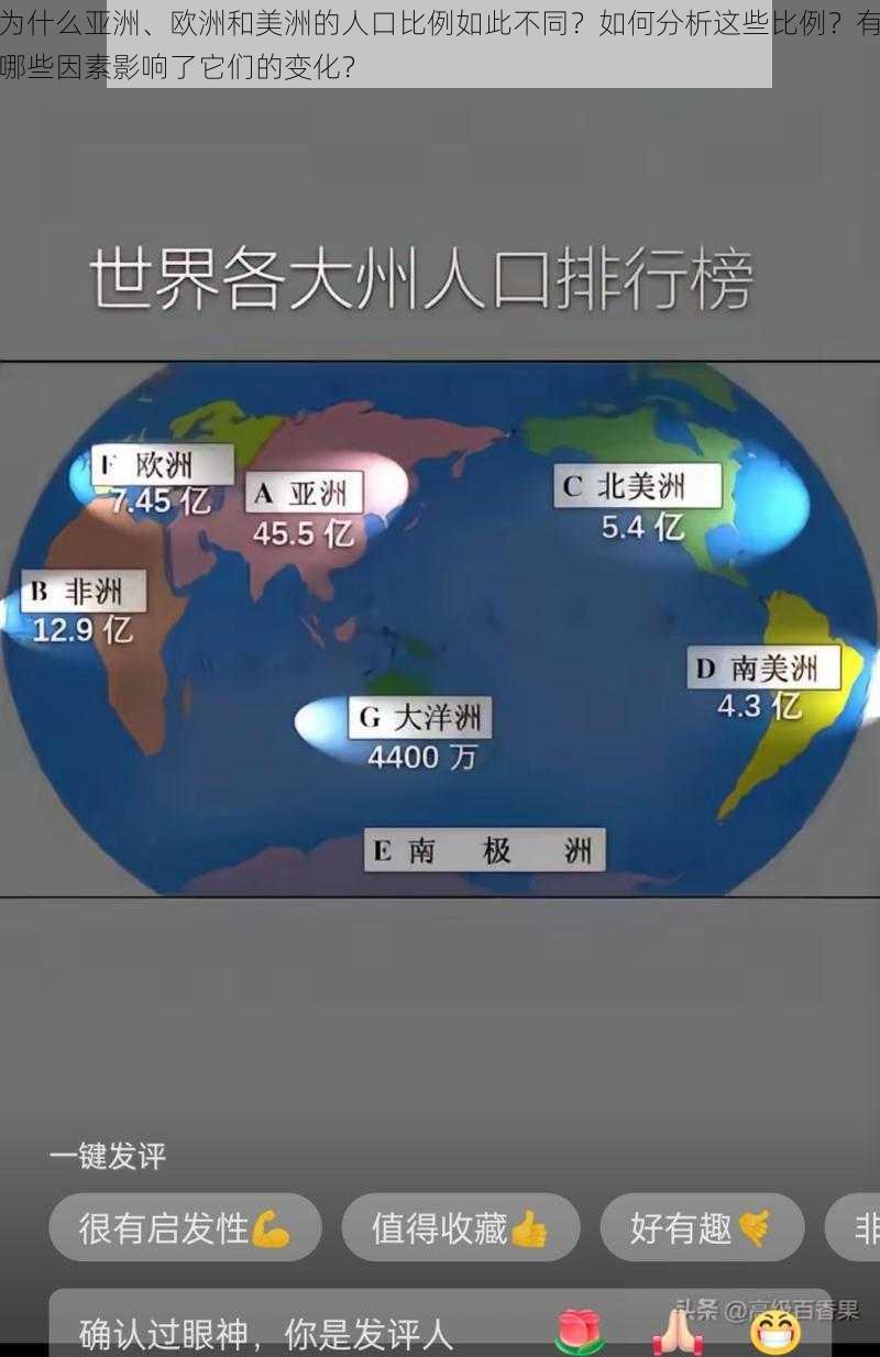 为什么亚洲、欧洲和美洲的人口比例如此不同？如何分析这些比例？有哪些因素影响了它们的变化？